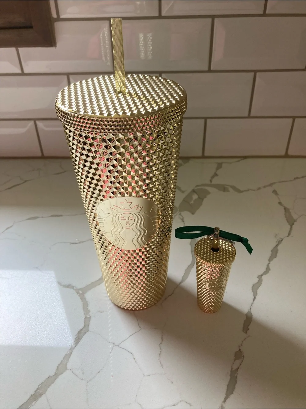 Starbucks Holiday 2022 gold studded bling venti tumbler & mini ornament keychain